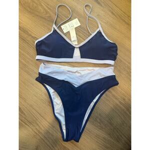 Cupshe Bikini Set M Navy Lavender Colorblock High Rise Bottom